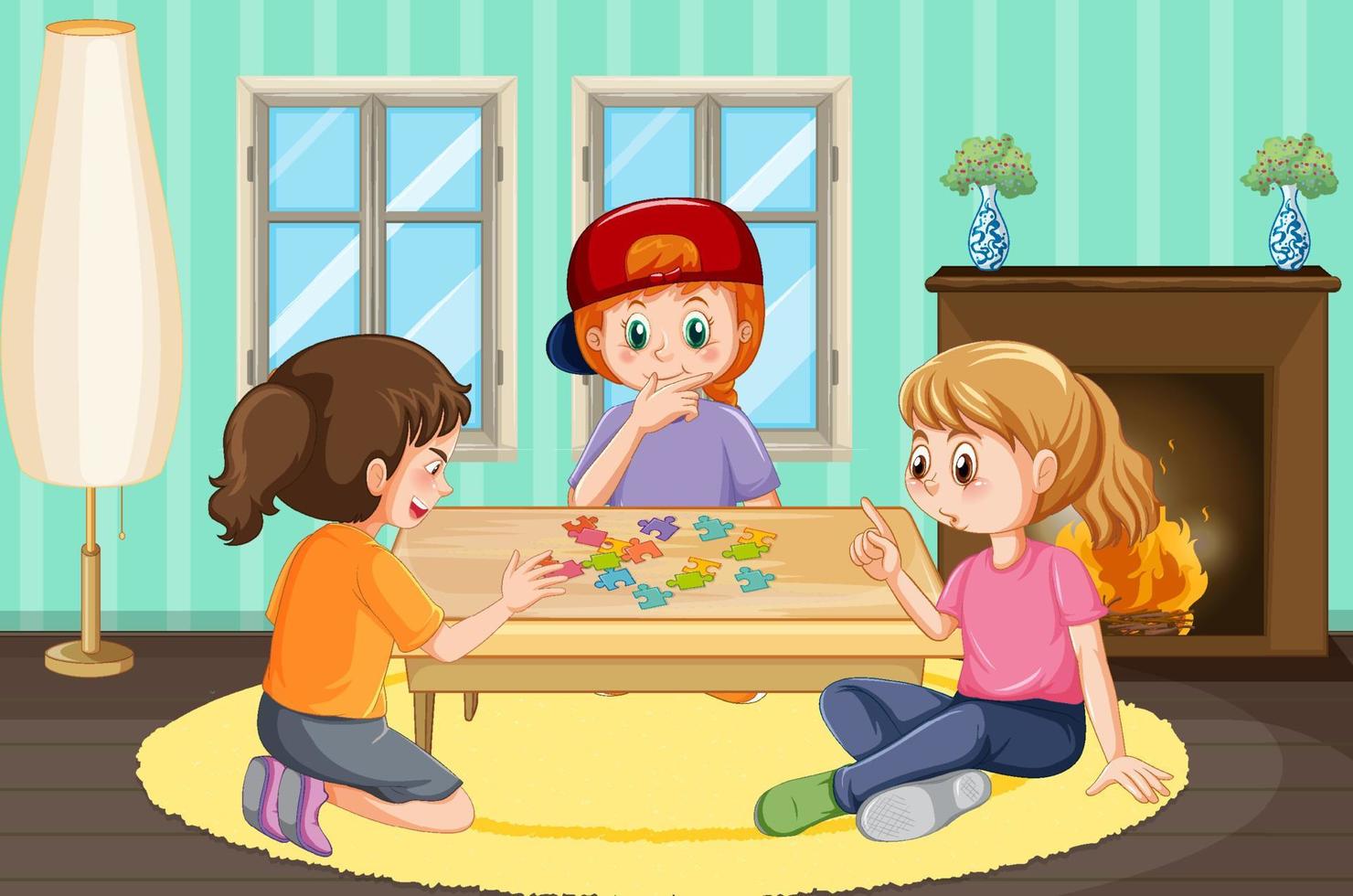 Happy kids playing jigsaw at home vector