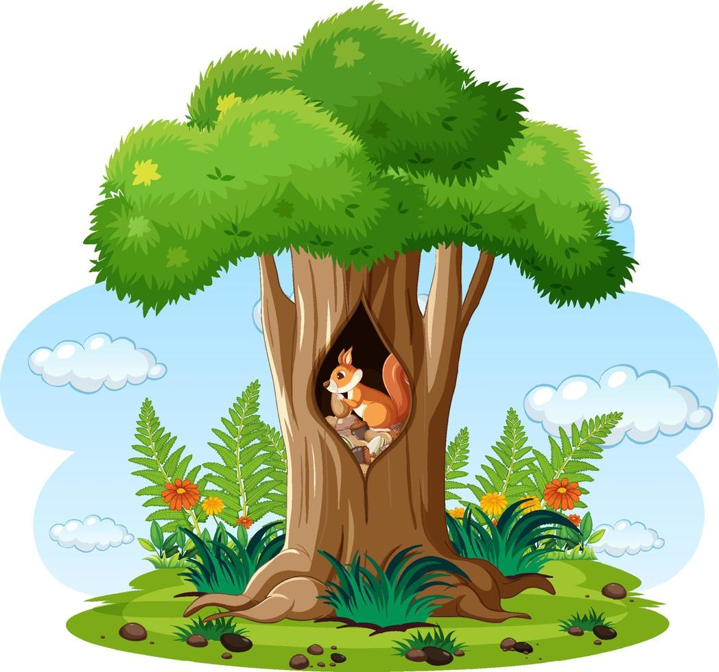 Scene with squirrel eating nuts in hollow vector