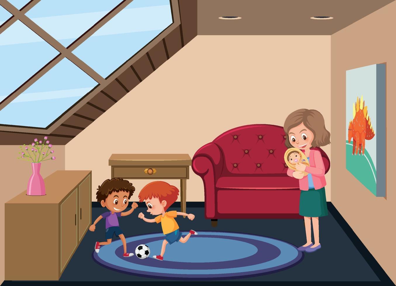 Garret room scene with mother and her children vector