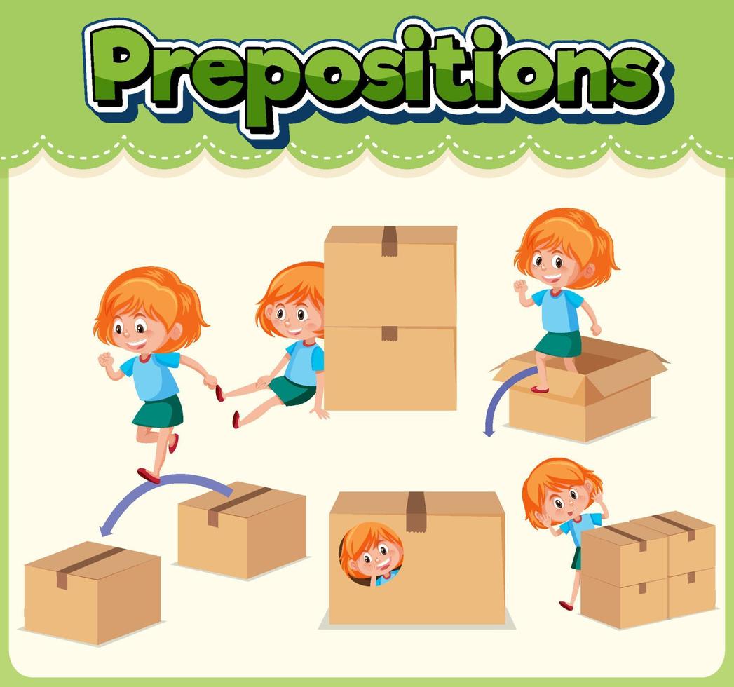 Preposition wordcard with girl and boxes vector