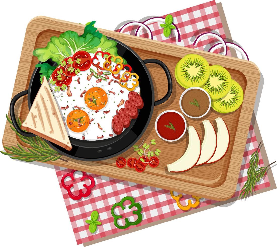 Top view of breakfast on a wooden tray vector