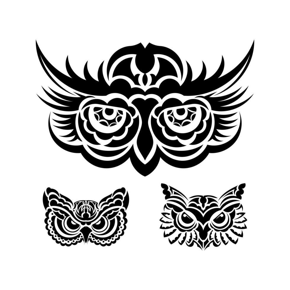 Set of Owl Faces print. Polynesia and Maori patterns. Good for t-shirts, cups, phone cases and more. Vector illustration.