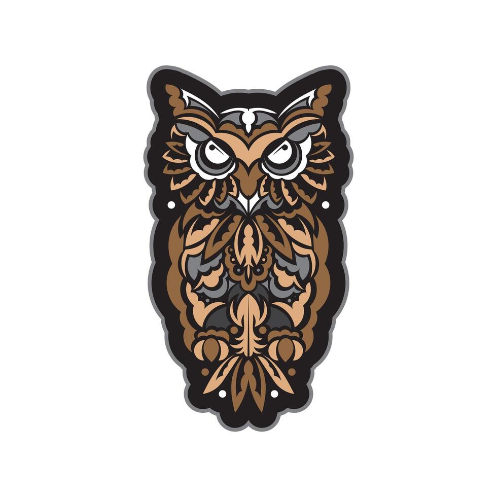 Colored print head of an owl. Polynesia and Maori patterns. Exclusive corporate design. Isolated. Vector illustration.