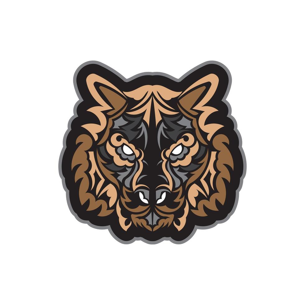 Colored print tiger face in Polynesian style. Boho tiger face. Isolated. Vector illustration.