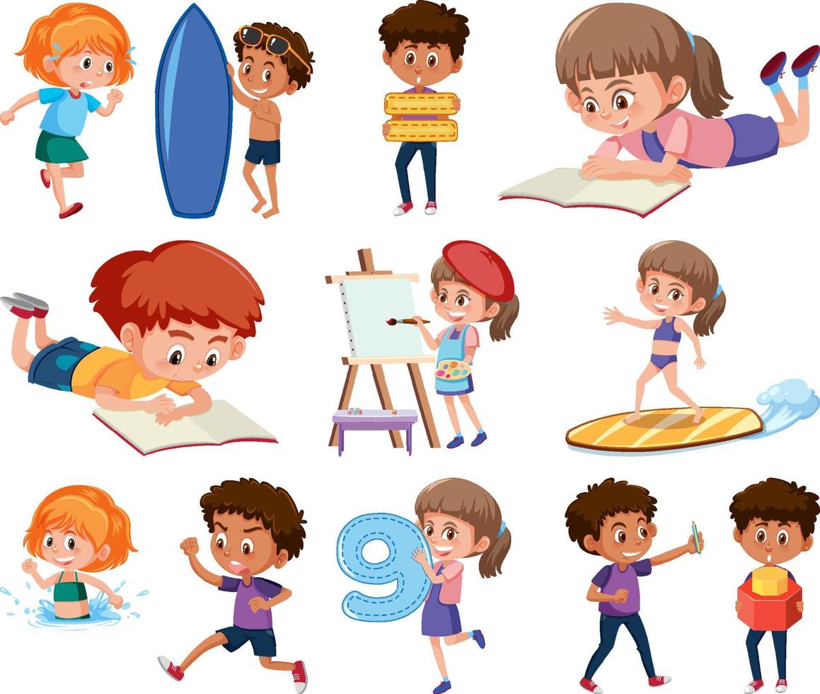 Set of children doing different activities on white background vector