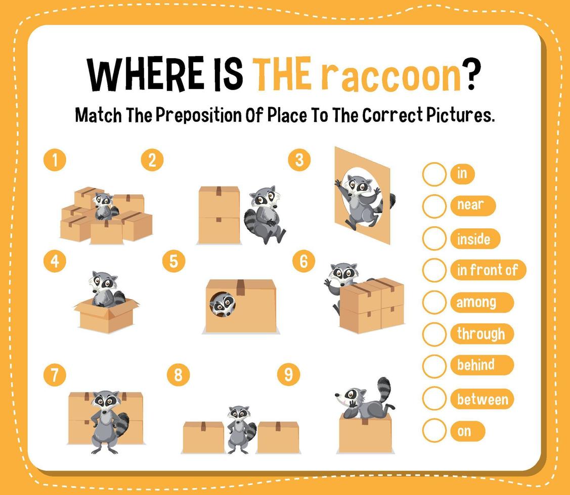 Preposition wordcard with raccoon and boxes vector