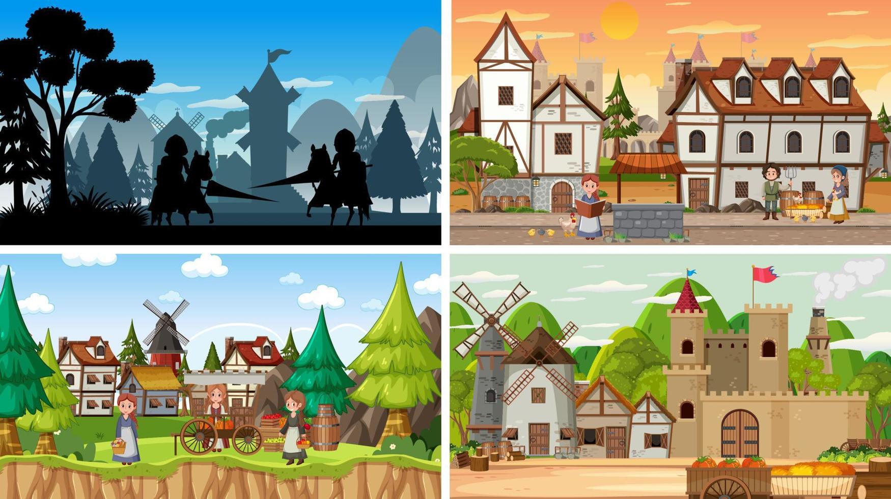 Set of different scene medieval with silhouette vector
