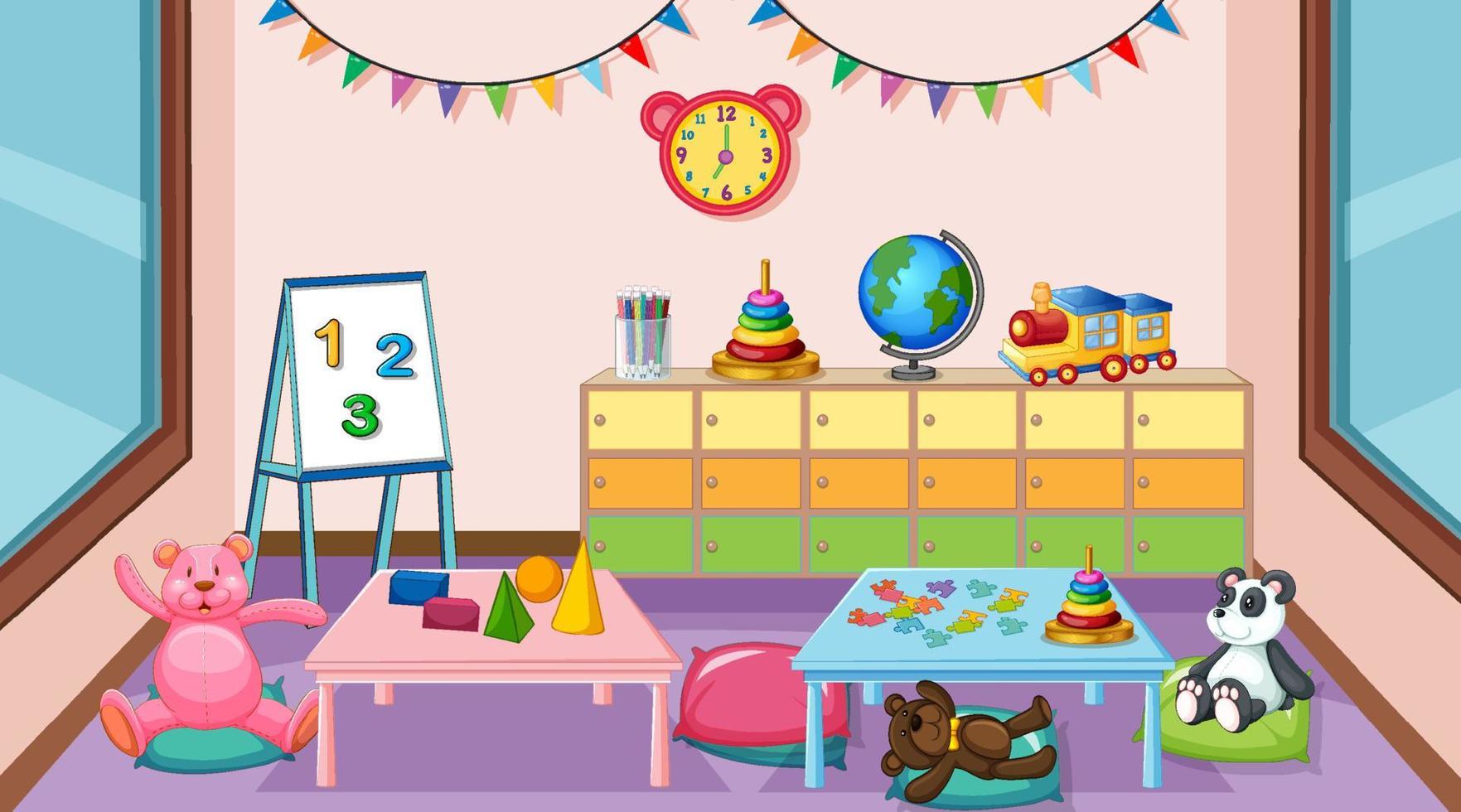 Empty kindergarten classroom interior with many kid toys vector