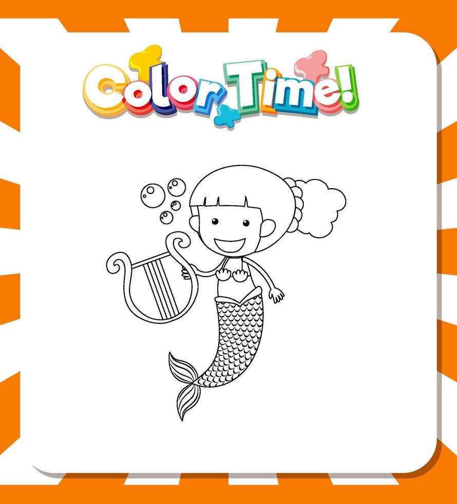 Worksheets template with color time text and Mermaid outline vector