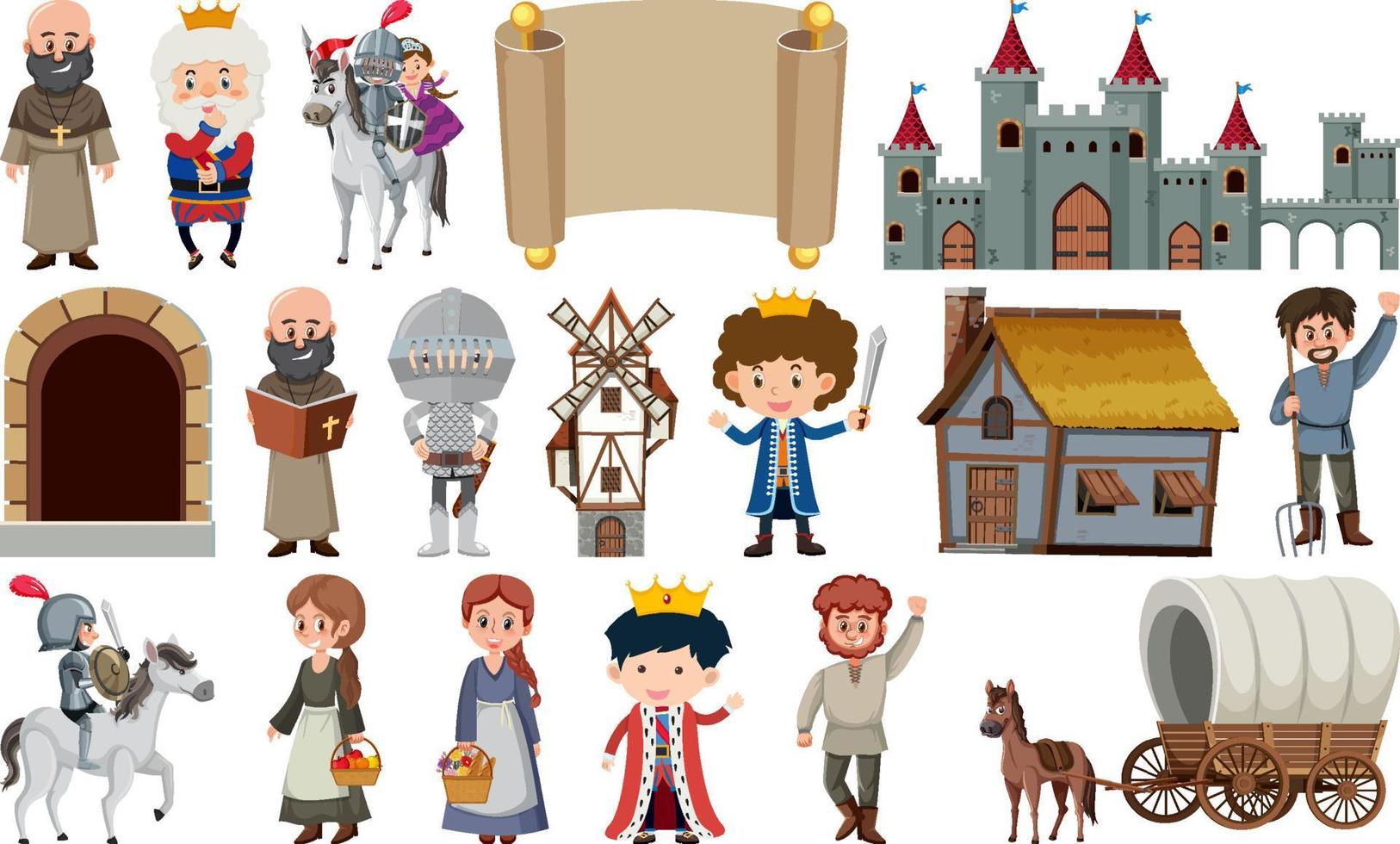 Medieval characters buildings set vector