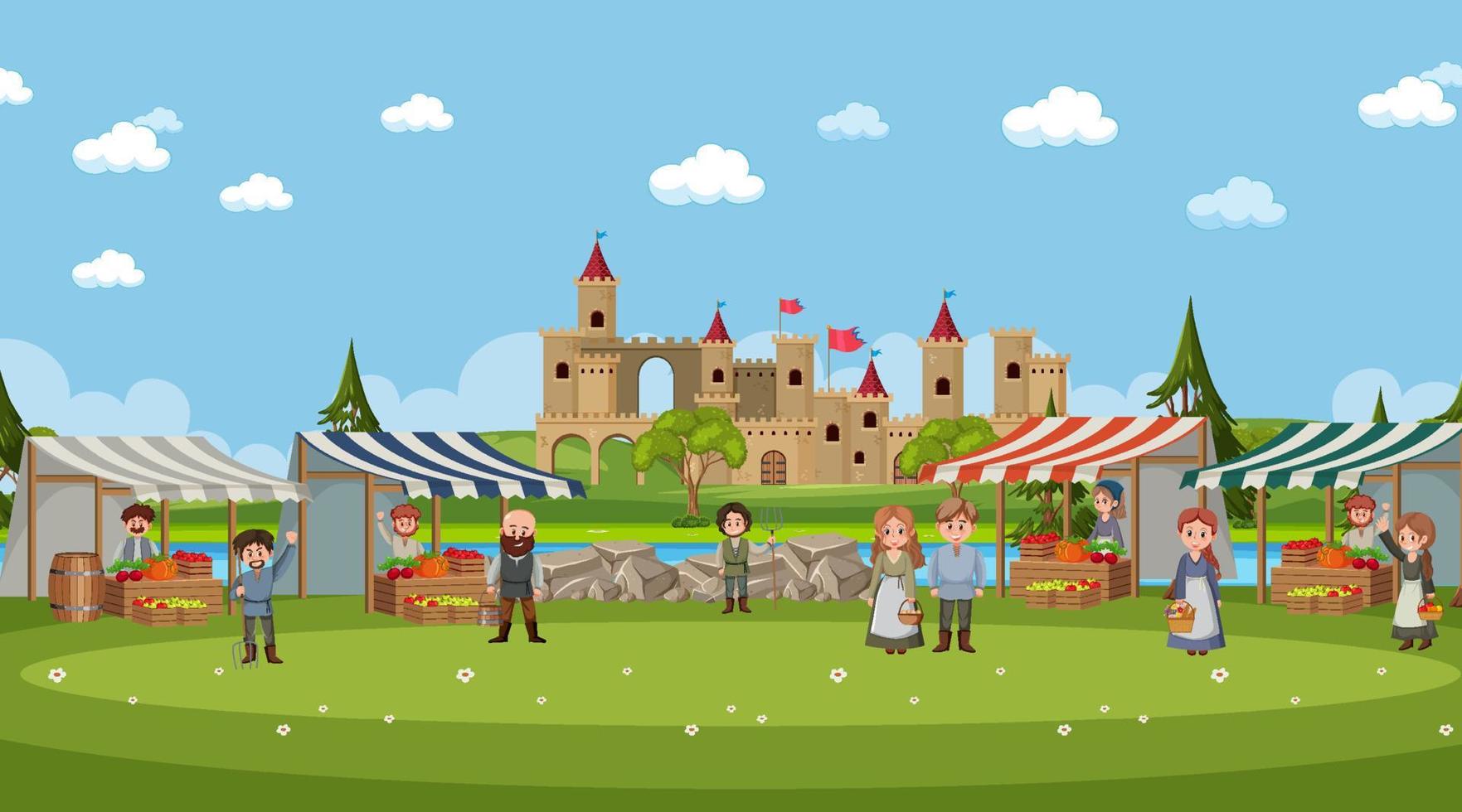 escena de la ciudad medieval en estilo de dibujos animados vector