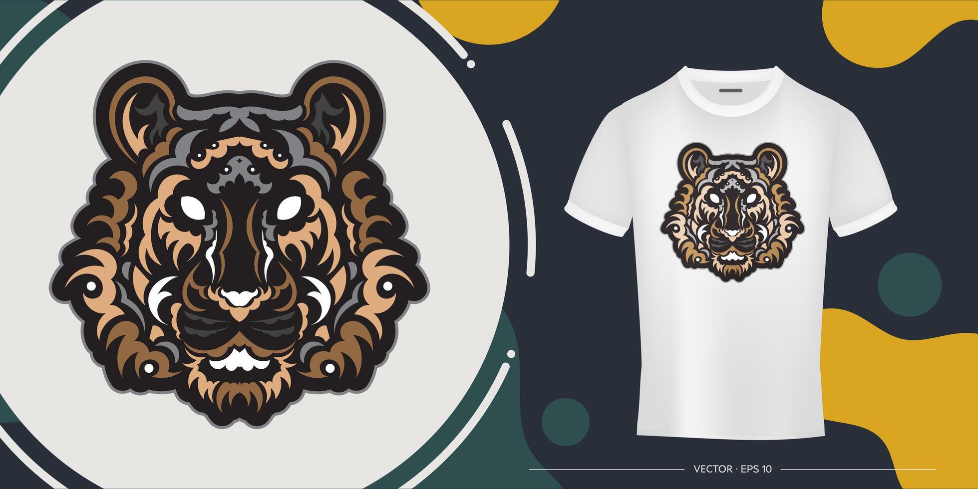 The colored face of a lion, composed of patterns. Tiger head print. For T-shirts, phone cases and cups. Exclusive corporate identity. Isolated. Vector illustration.