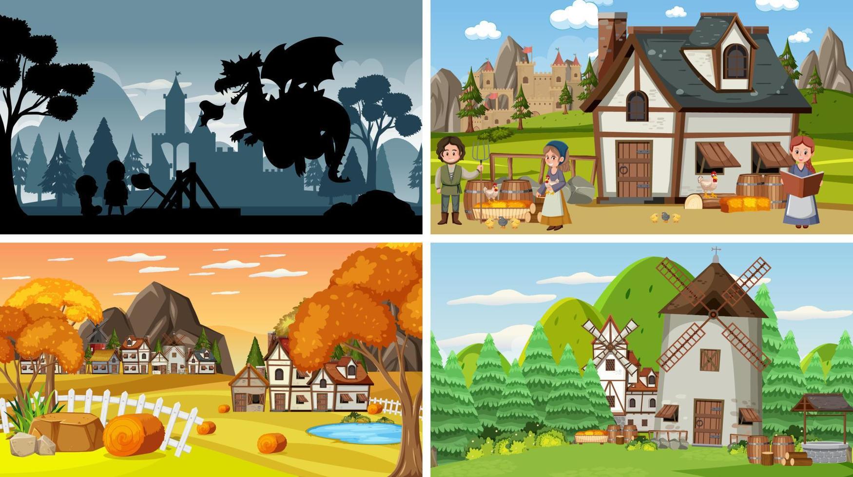 Set of different scene medieval with silhouette vector