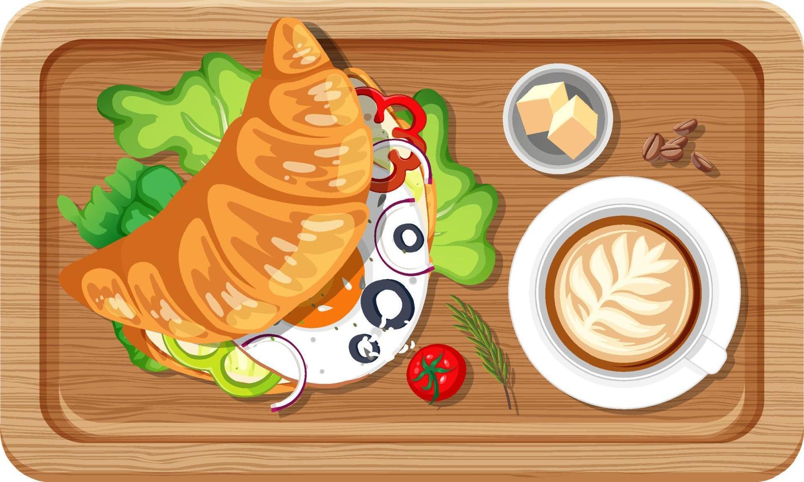 Top view of breakfast on a wooden tray vector