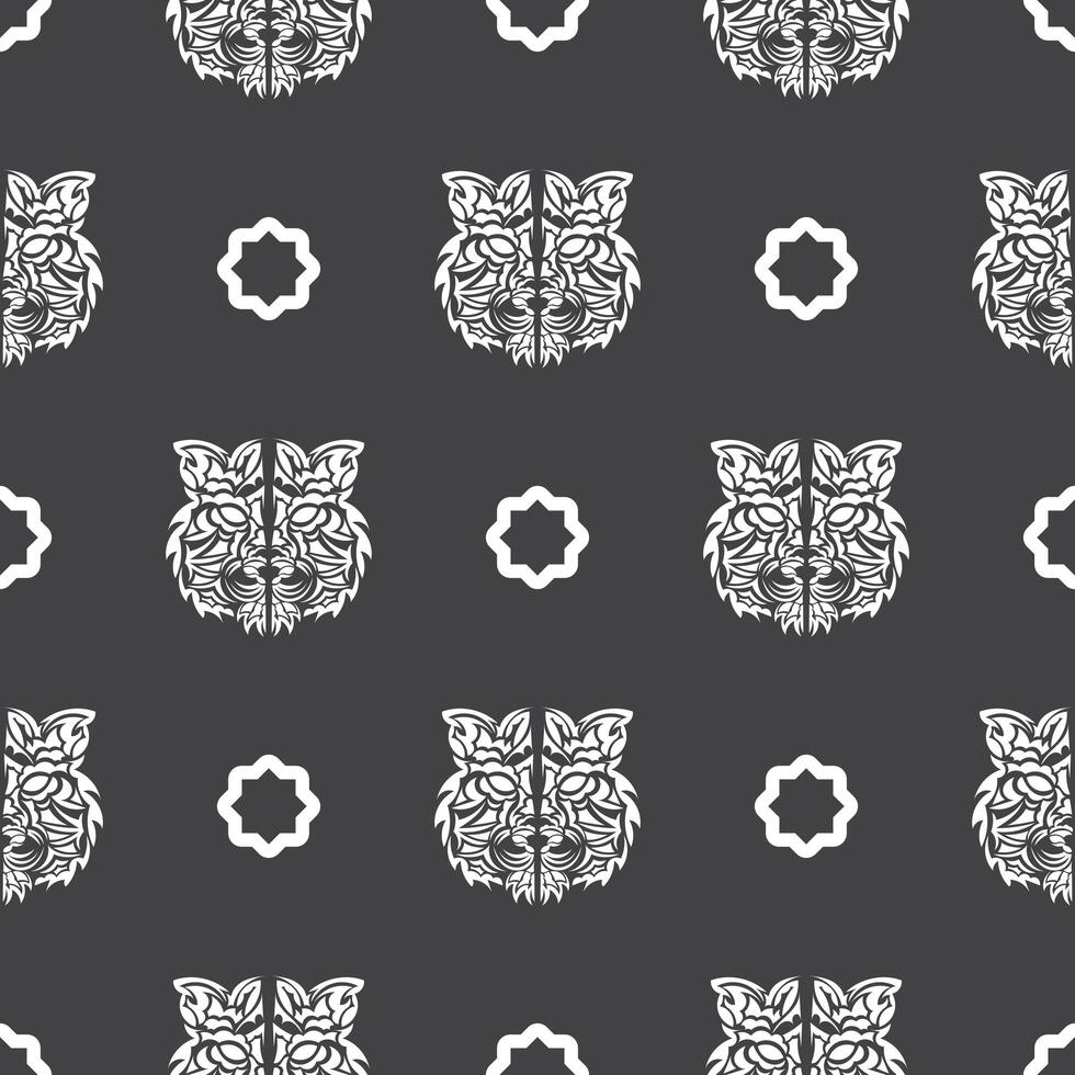 Seamless pattern with white tiger face in boho style. Polynesian style tiger face. Good for backgrounds, prints, apparel and textiles. Vector illustration.