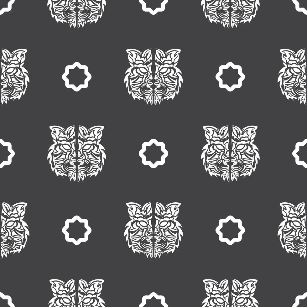 Seamless pattern with white tiger face in boho style. Polynesian style tiger face. Good for backgrounds, prints, apparel and textiles. Vector illustration.