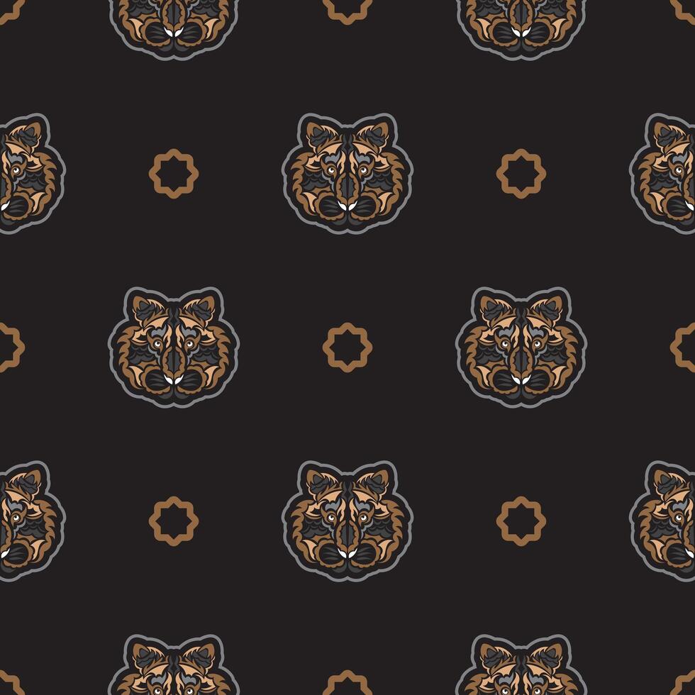 Seamless pattern with tiger face in colored Polynesian style. Good for garments, textiles, backgrounds and prints. Vector illustration.