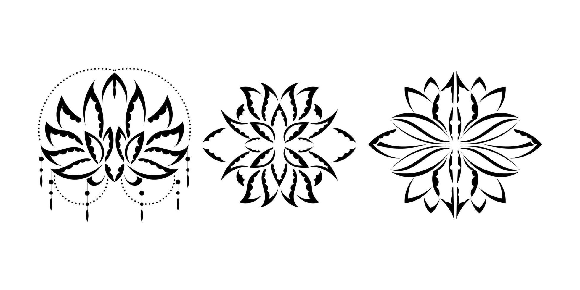 Set of lotus pattern in Simple style. Black and white print. Isolated. Vector illustration.