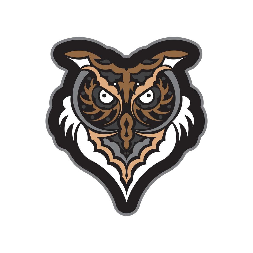 Colored print head of an owl. Hawaii and samoa patterns. Good for t-shirts, phone cases and more. Isolated. Vector illustration.