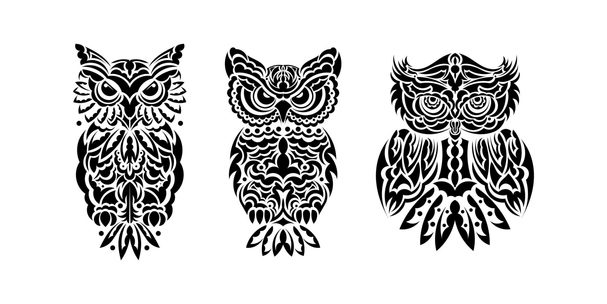 Set of owls print. Polynesia and Maori patterns. Good for t-shirts, cups, phone cases and more. Vector