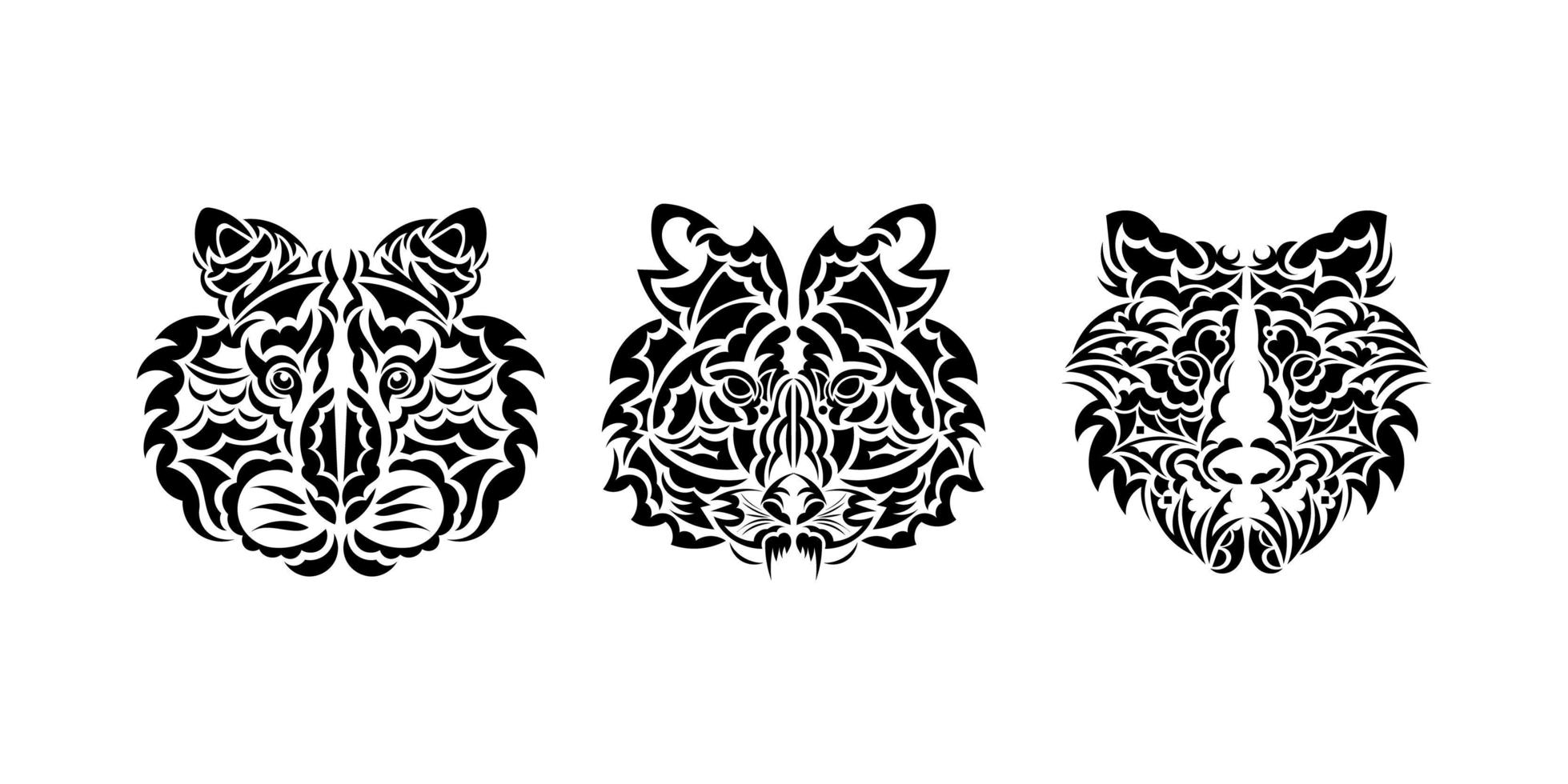 Set of tiger tattoo in boho style. Polynesian style tiger face. Isolated. Vector