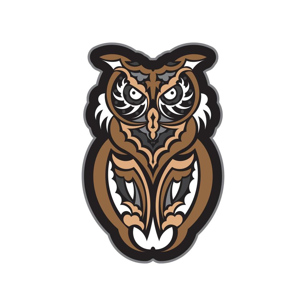 Colored print head of an owl. Polynesia and Maori patterns. Isolated. Vector