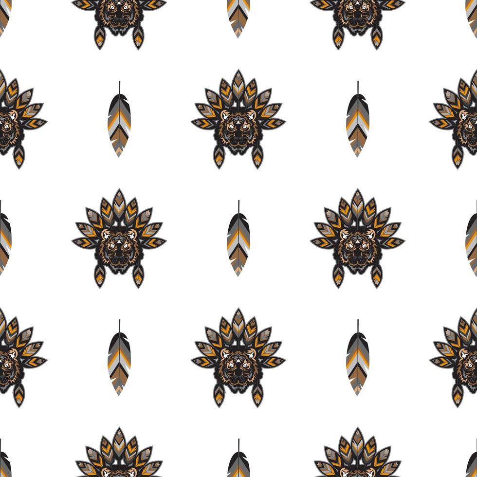 Seamless pattern with tiger head in feathers. For backgrounds, prints and textiles. illustration. vector