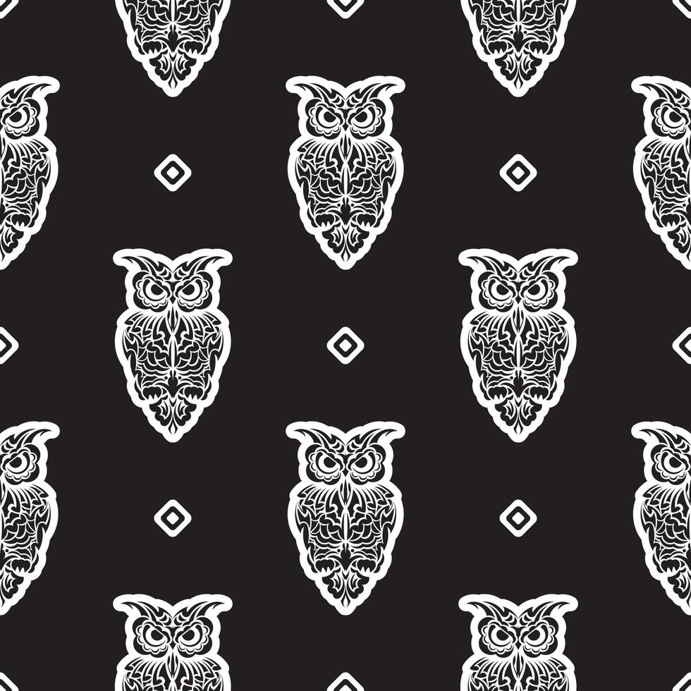 Seamless background with owls. Exotic bird in boho style. Good for T-shirts, postcards and prints. Vector
