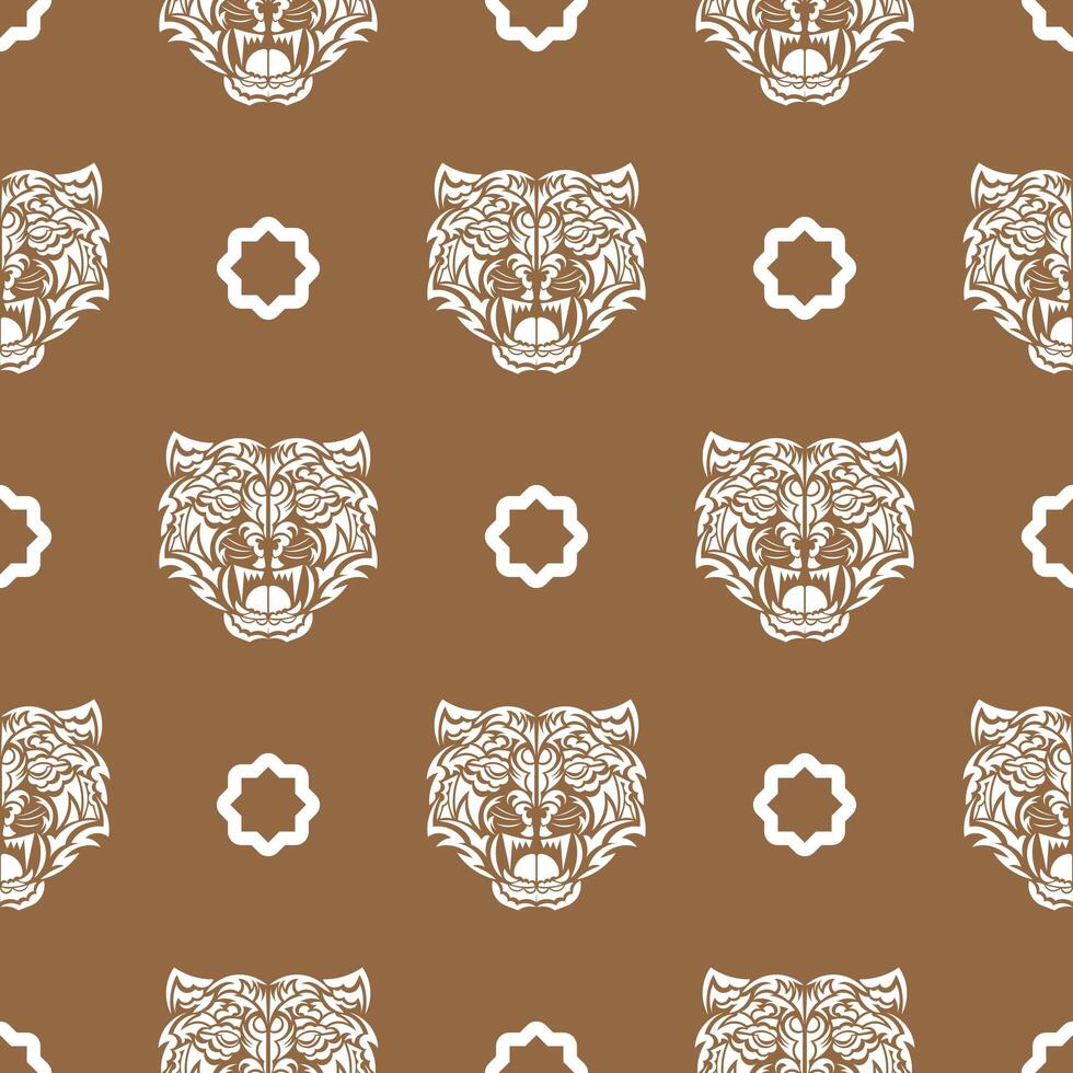 Seamless pattern with white tiger face in boho style. Polynesian style tiger face. Good for backgrounds, prints, apparel and textiles. Vector