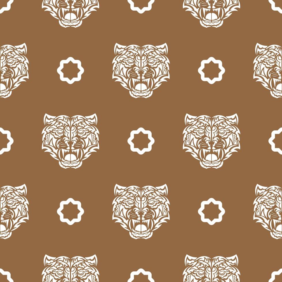 Seamless pattern with white tiger face in boho style. Polynesian style tiger face. Good for backgrounds, prints, apparel and textiles. Vector