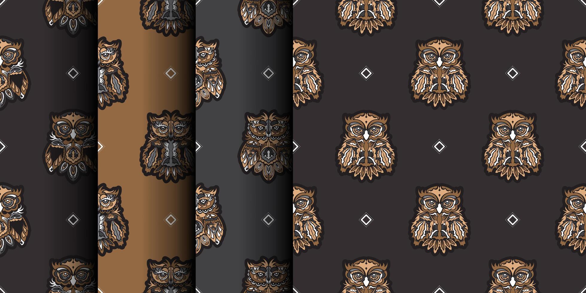 Set of seamless patterns with owls. Exclusive style. Good for T-shirts, postcards and prints. Vector