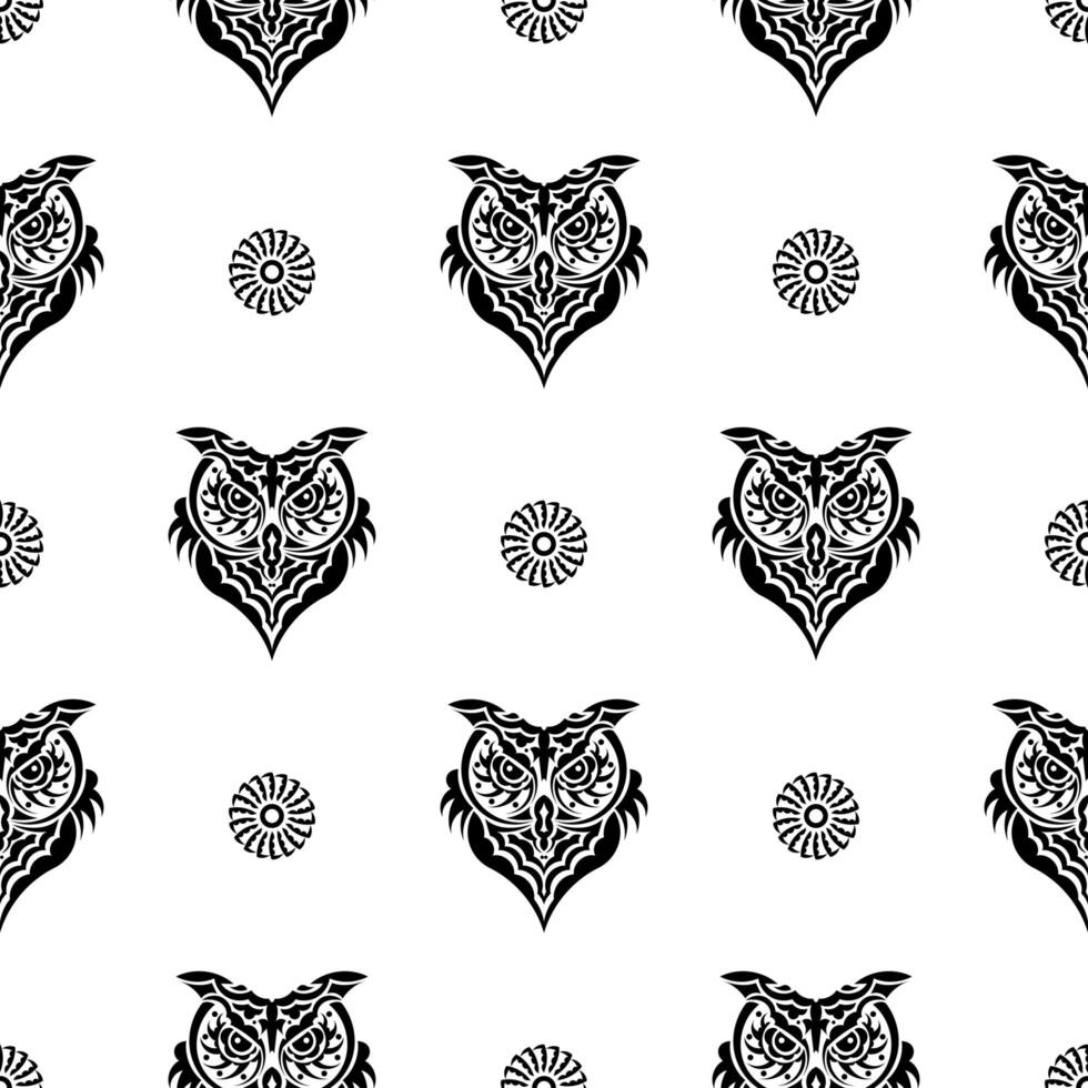 Seamless pattern with owl face. Polynesia and Maori patterns. Suitable for poster, postcard, banner, textile and menu design. Vector illustration.