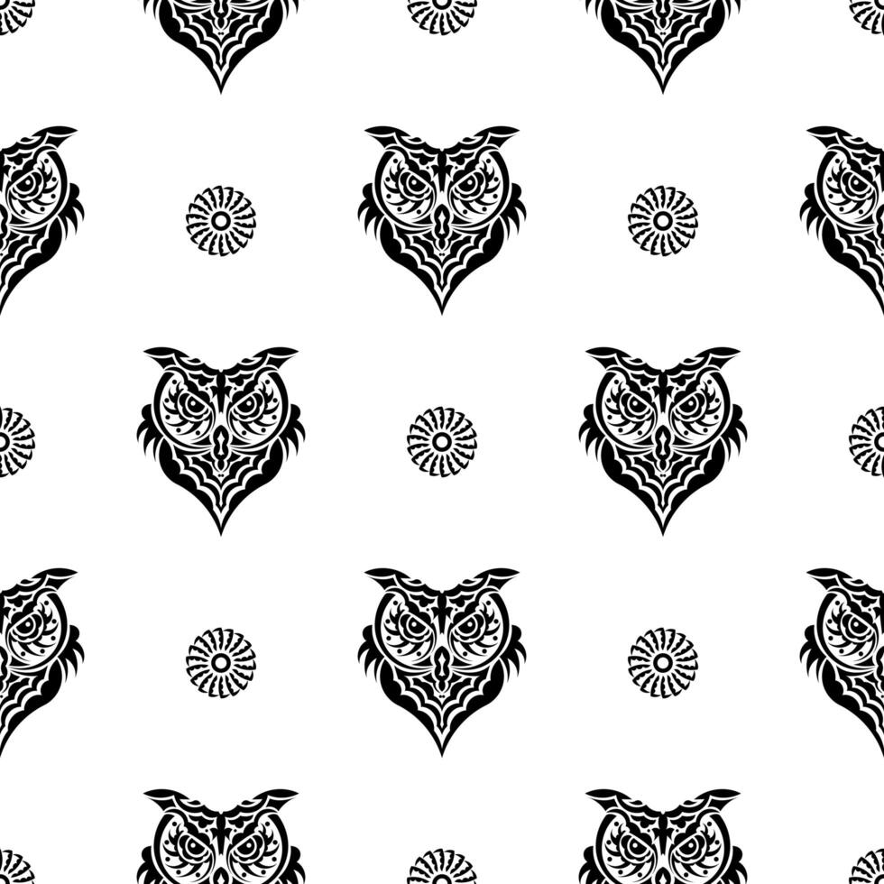 Seamless pattern with owl face. Polynesia and Maori patterns. Suitable for poster, postcard, banner, textile and menu design. Vector illustration.