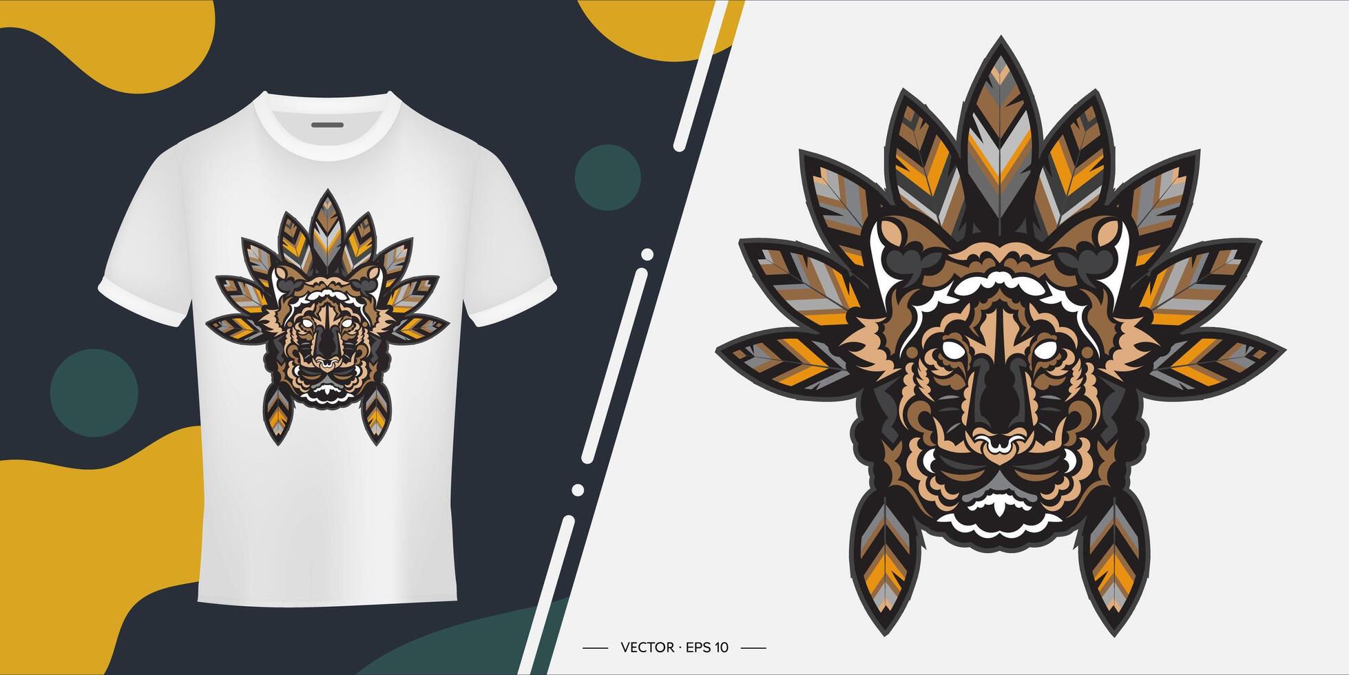 Tiger head with feathers. Ready print for printing. Vector