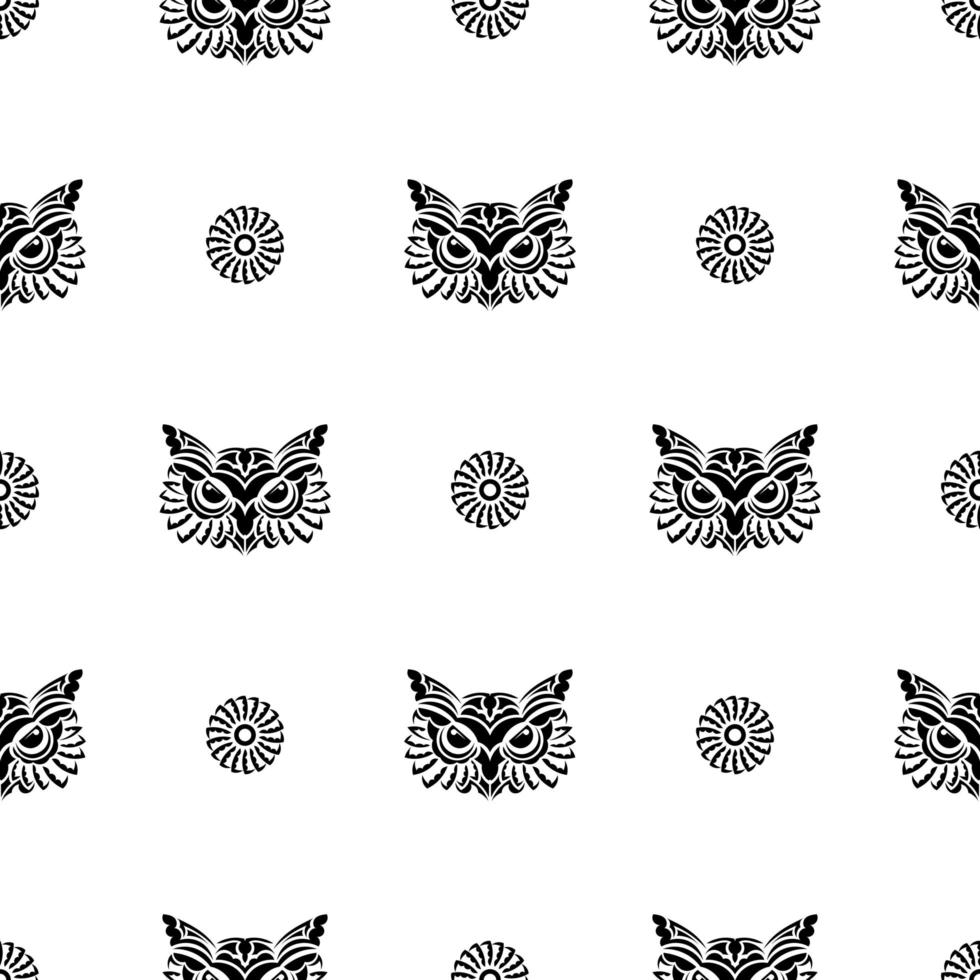 Seamless pattern with the face of an owl, a forest bird on a white background. Suitable for poster, postcard, banner, textile and menu design. Vector