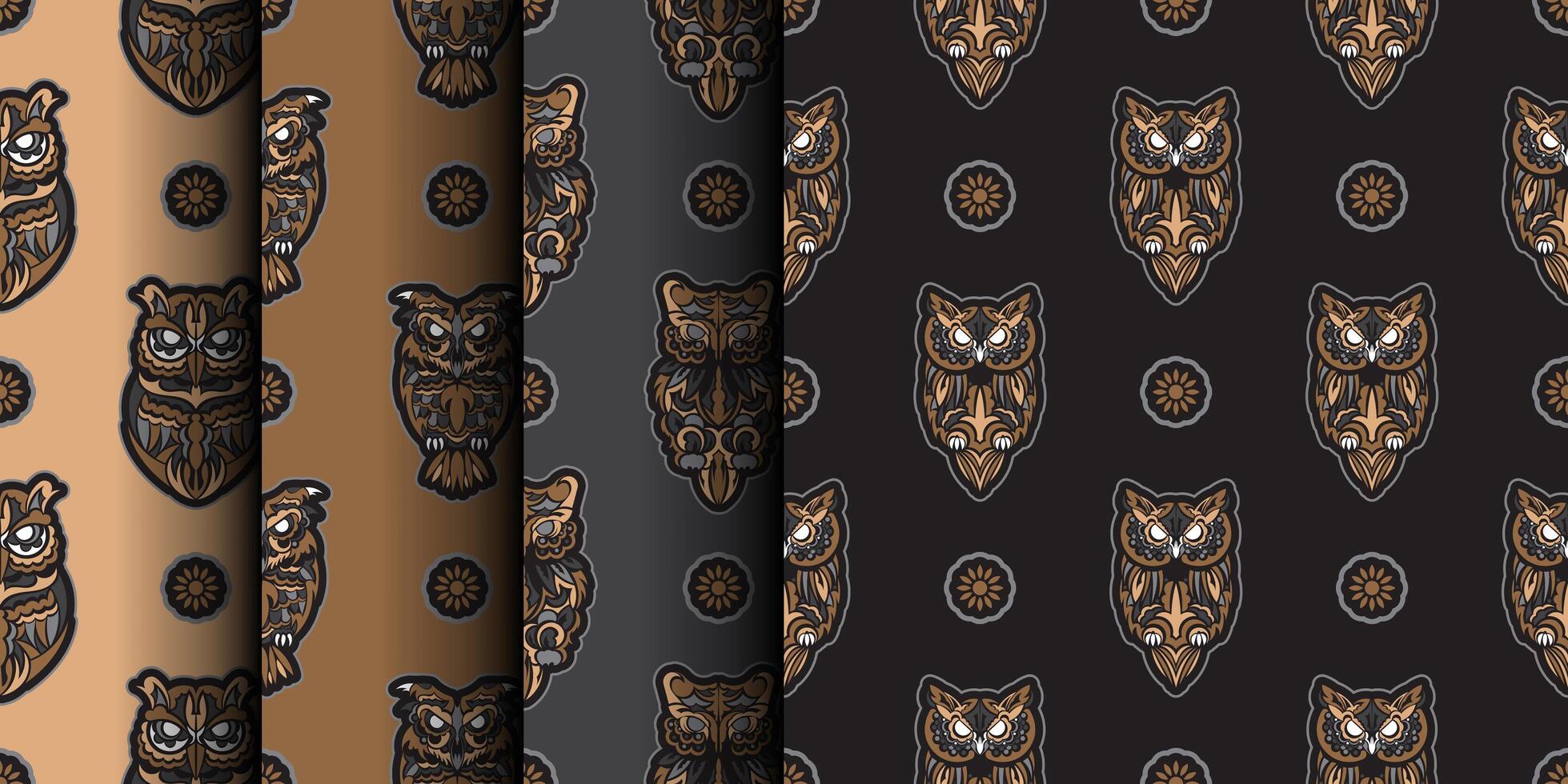 Owls seamless pattern in boho style. Good covers, fabrics, postcards and printing. Vector