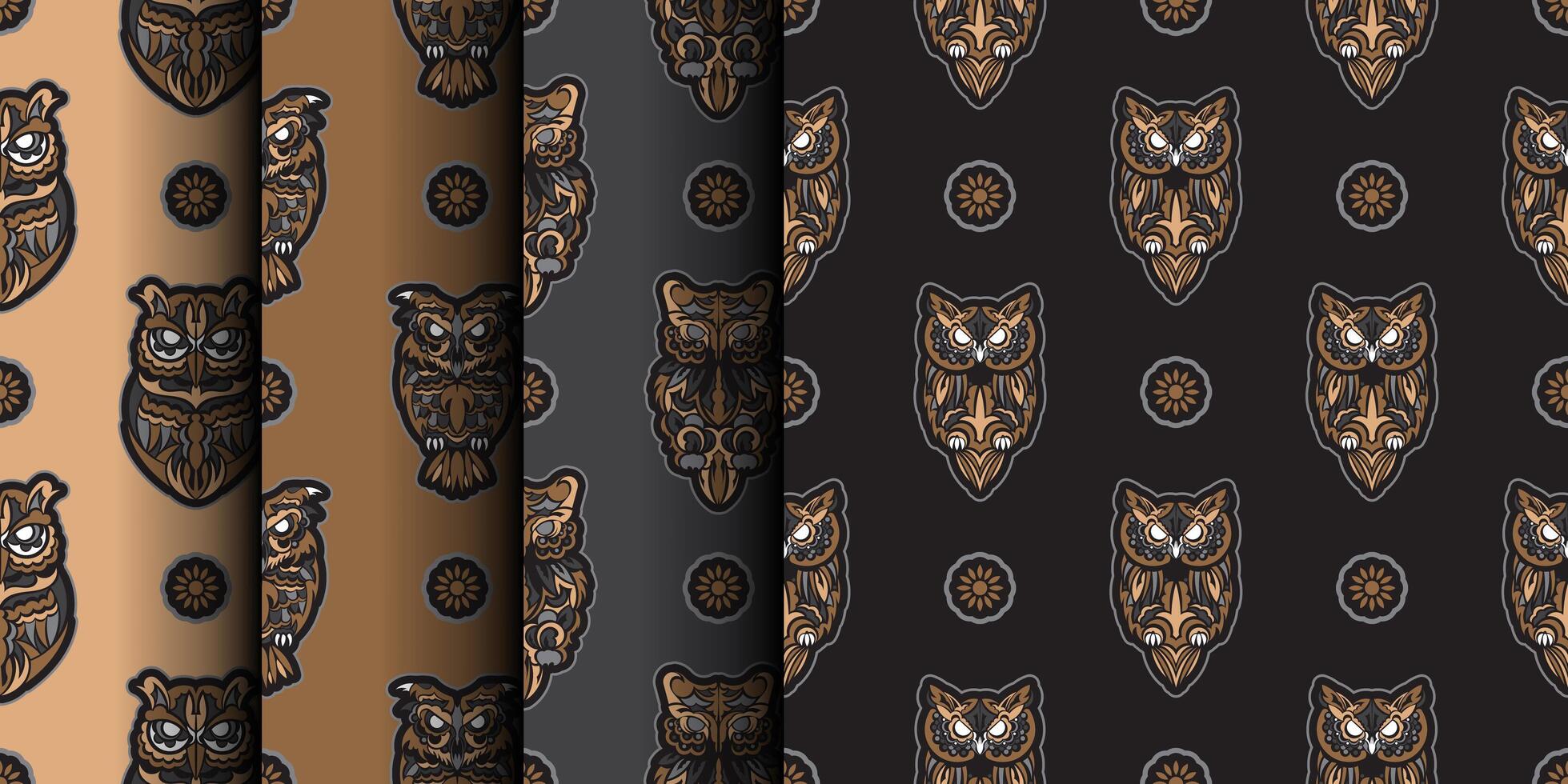 Owls seamless pattern in boho style. Good covers, fabrics, postcards and printing. Vector