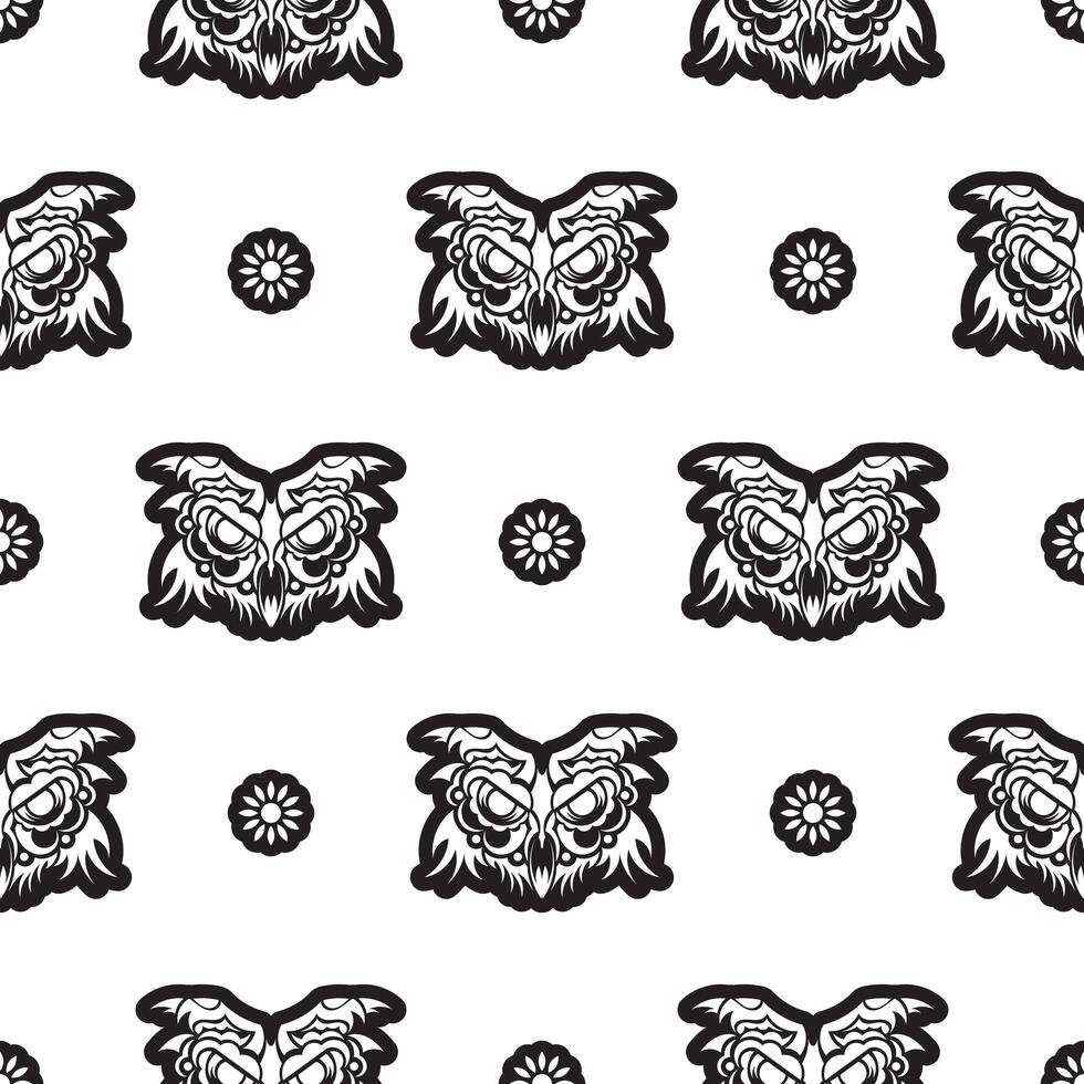 Black-white Seamless pattern owl face in boho style. Isolated. Good for clothing and textiles. Vector