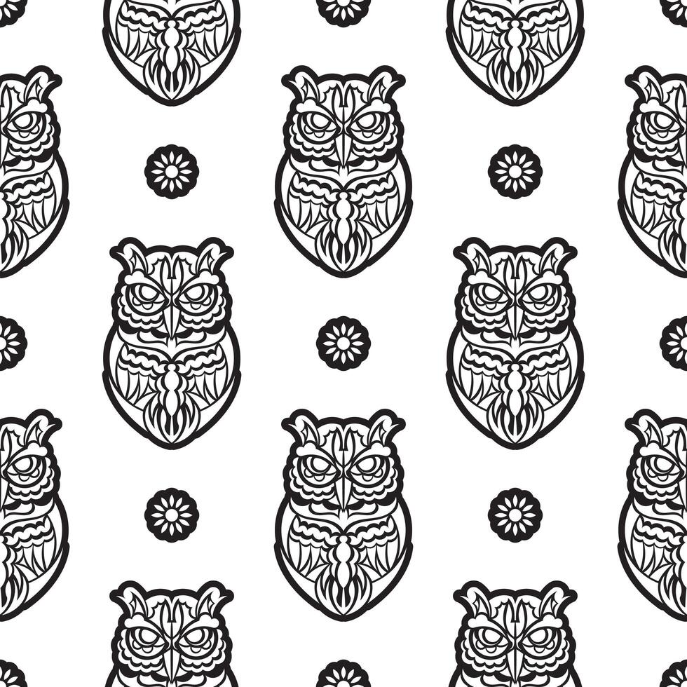 Black-white Seamless pattern of owls in boho style. Good for clothing and textiles. Vector