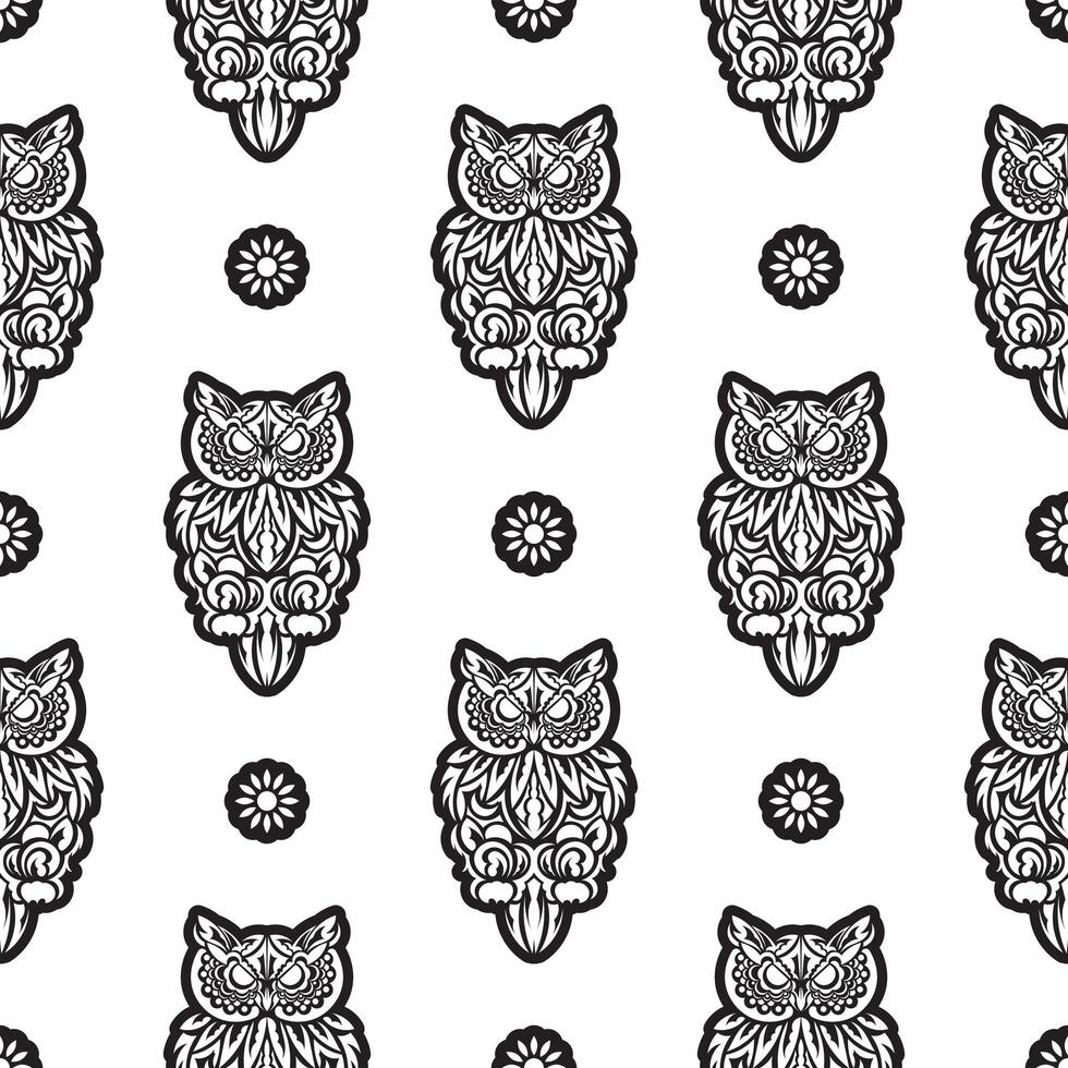 Black-white Seamless pattern of owls in boho style. Good for garments, textiles, backgrounds and prints. Vector