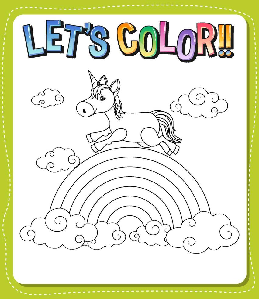 Worksheets template with color time text and Unicorn outline vector