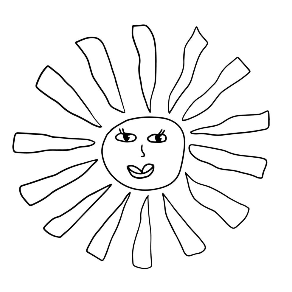 Cartoon linear doodle retro happy sun isolated on white background. vector