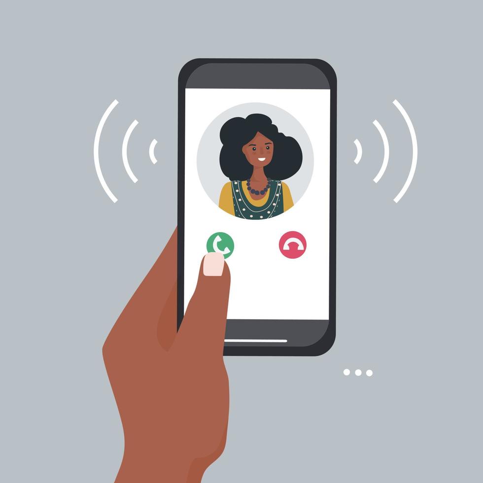 A hand holds a smartphone with an incoming call. Portrait of a person from contacts on the phone screen. Mobile applications and Internet technology vector
