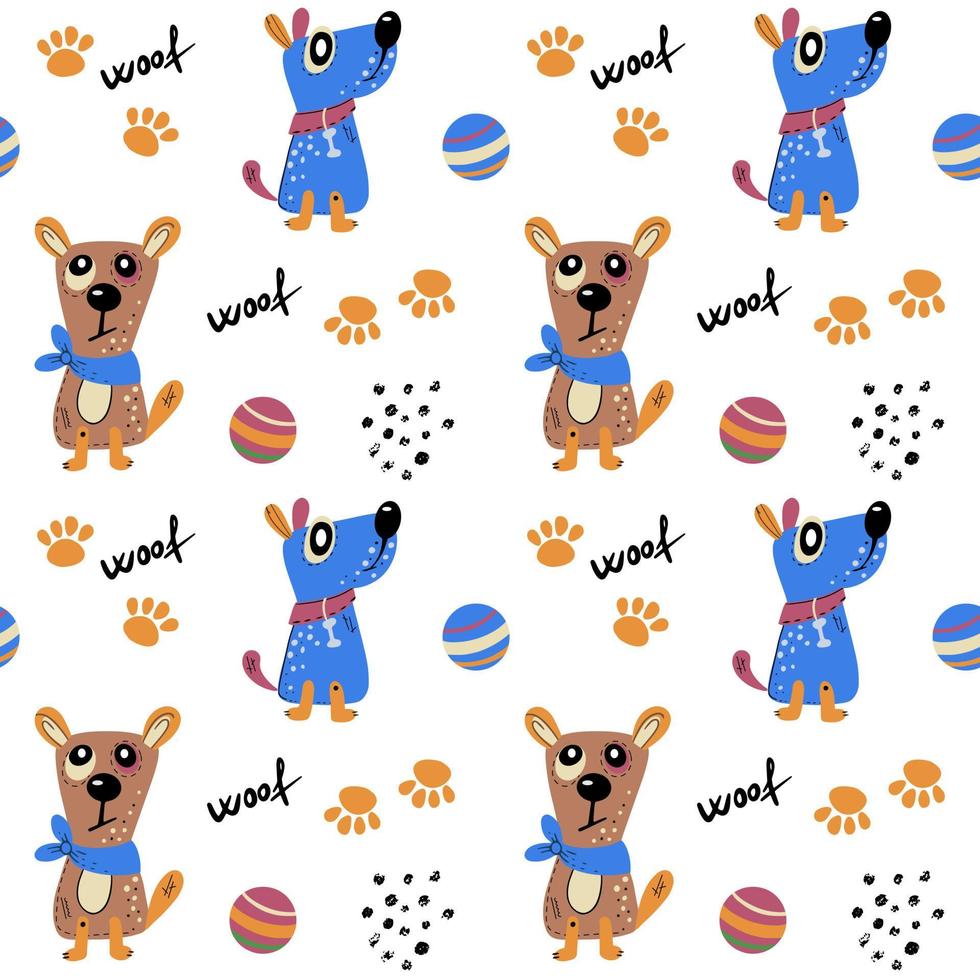Seamless pattern with cute dogs. Vector print with cartoon abstract animals in Scandinavian style