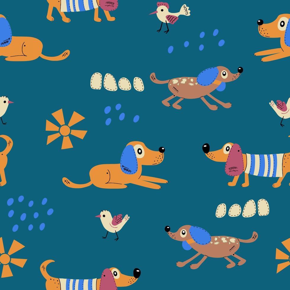 Seamless pattern with cute dogs. Vector print with cartoon abstract animals in Scandinavian style