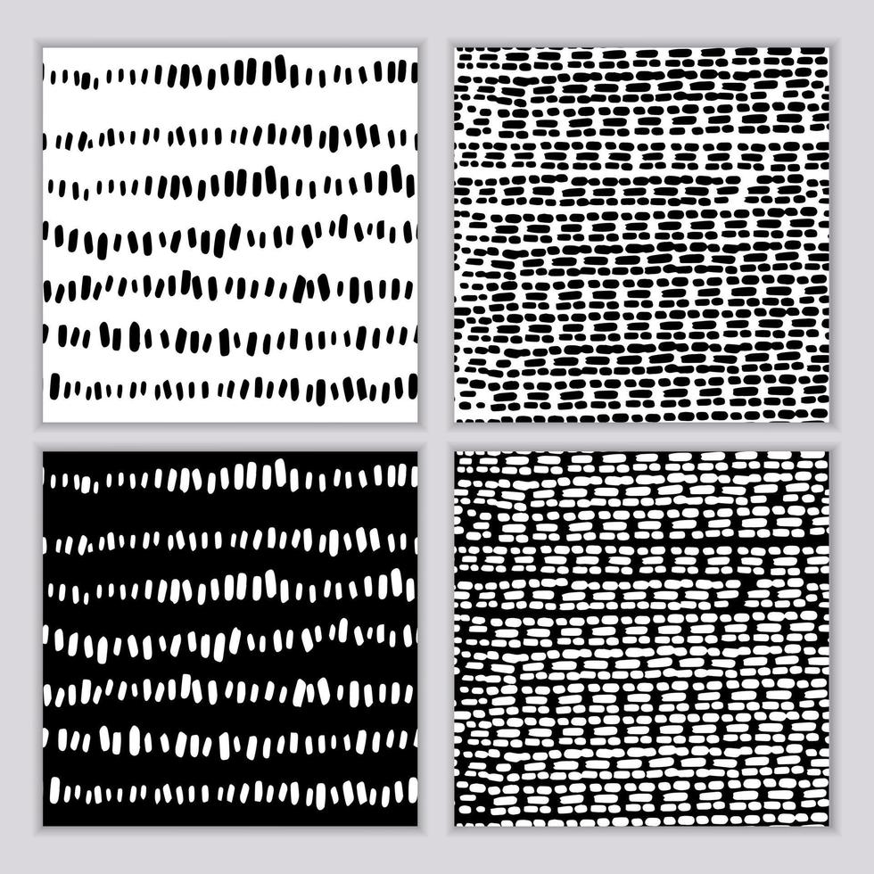 A set of seamless abstract monochrome patterns. Black and white print with wavy lines, dots and spots. Brush strokes are hand-drawn vector