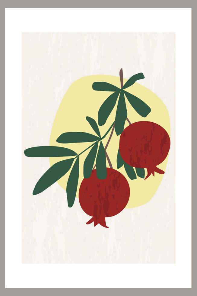 Pomegranate on a branch with leaves. Template with abstract composition of simple shapes and fruits. Minimalism vector