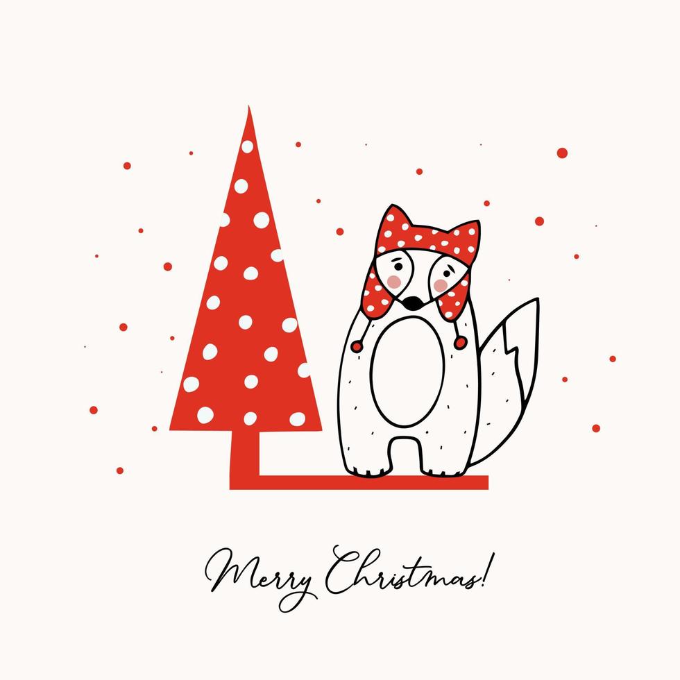 Greeting template with a cute little fox and a stylized Christmas tree vector
