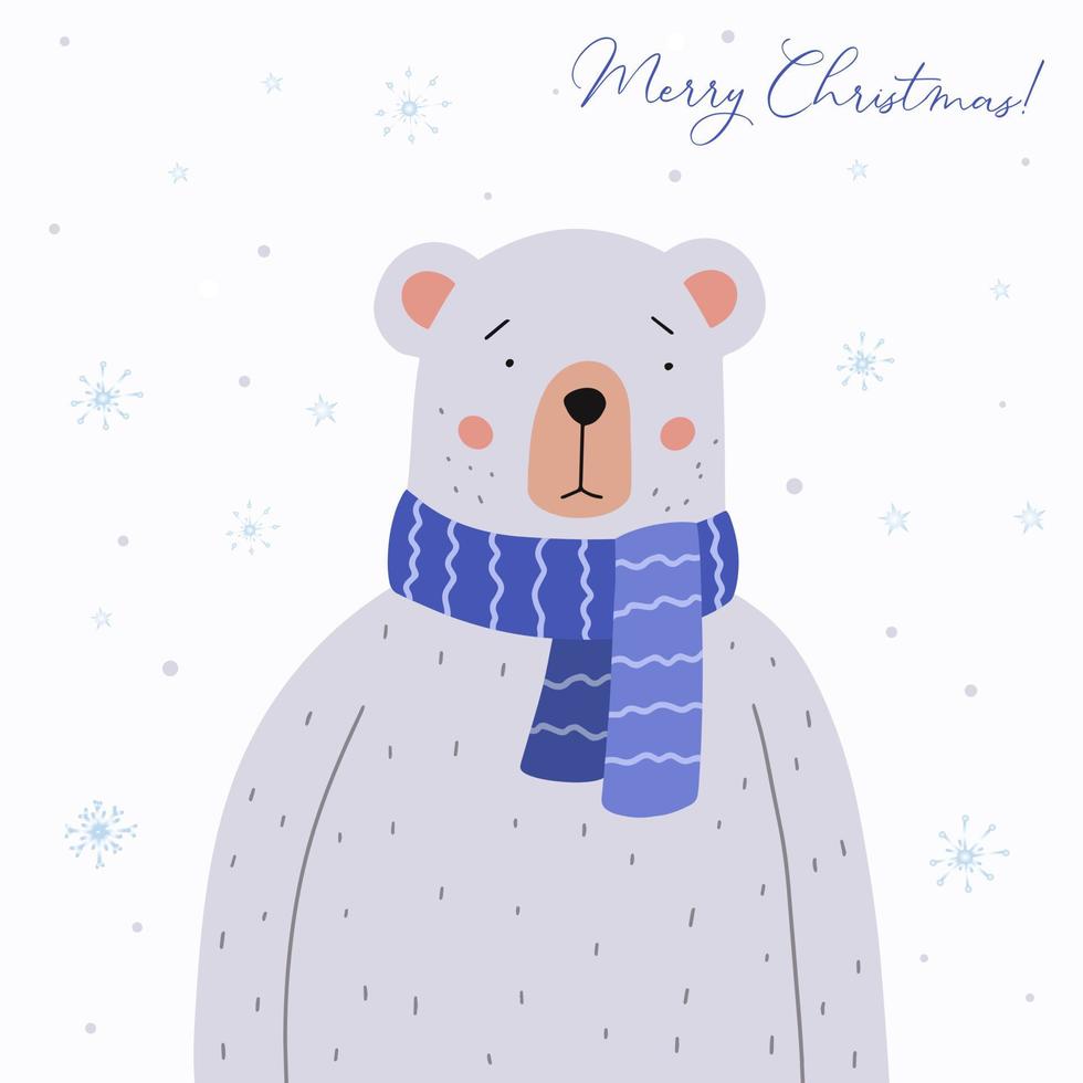 Merry Christmas greeting card. Cute teddy bear in a blue crocheted scarf. vector