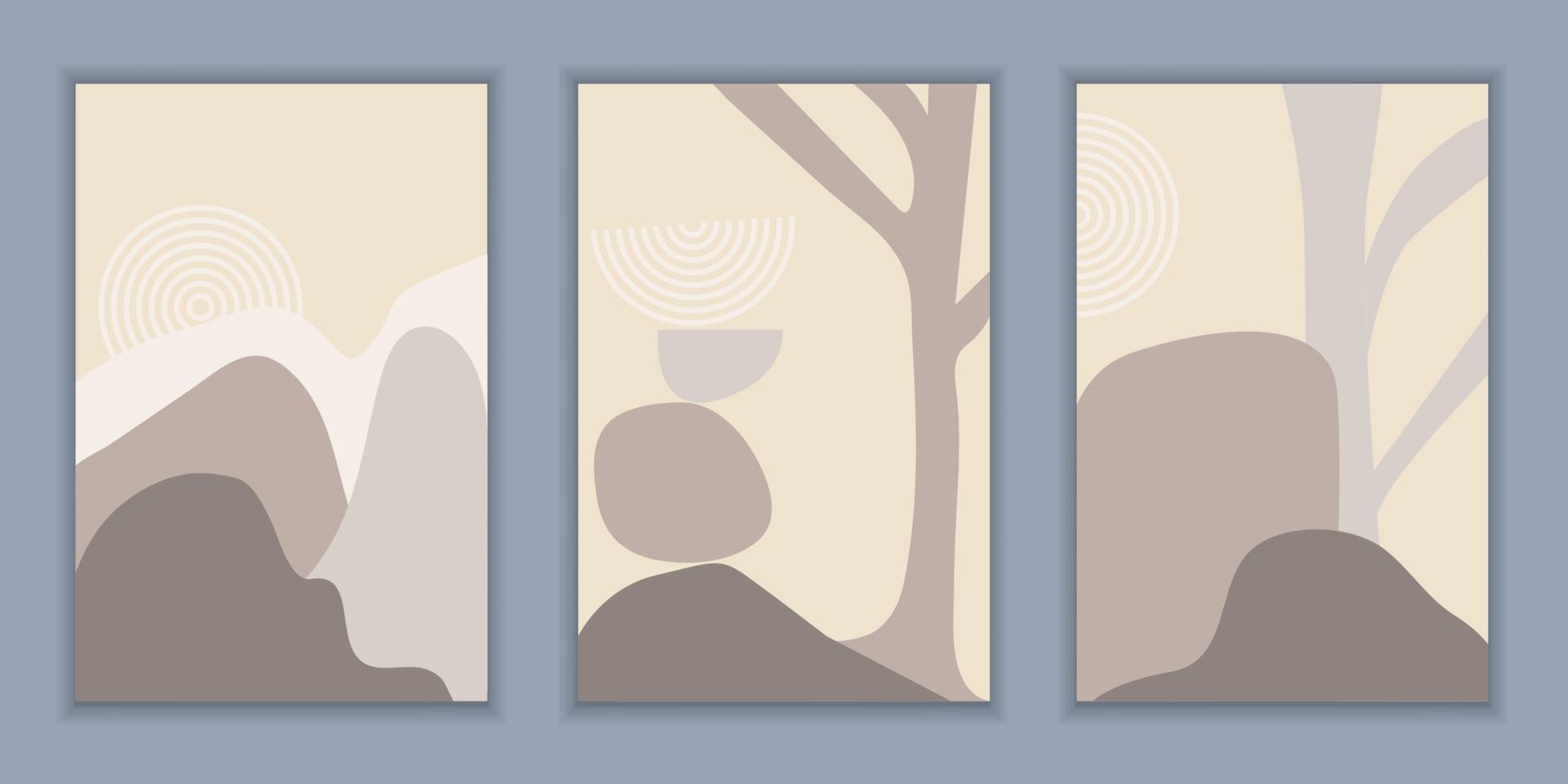 Minimalist landscape. Mountains and rocks, trees with branches. Abstract lines, simple style vector